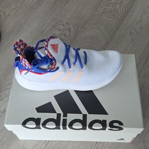 Adidas White Sneakers with Blue and Red Accents